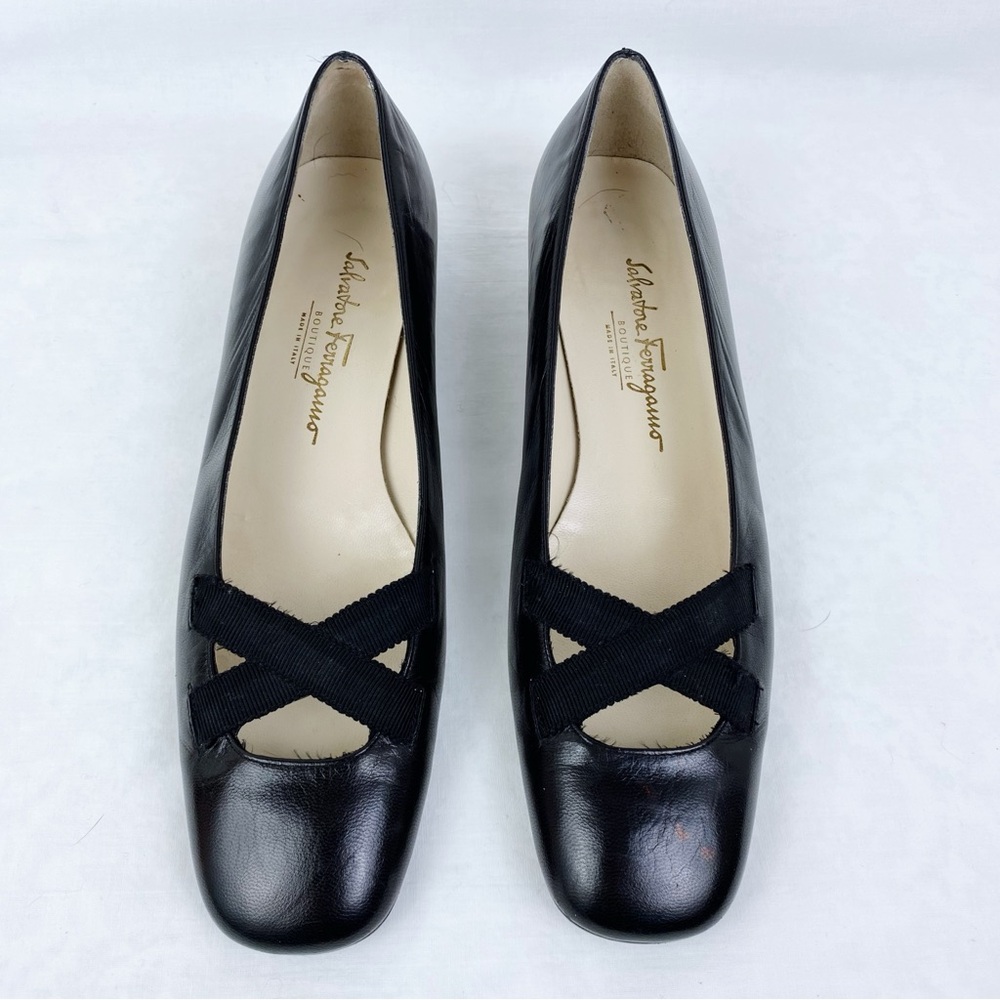 Salvatore Ferragamo Black Leather Elastic Crisscross Square Toe Flats Size 8 1/2